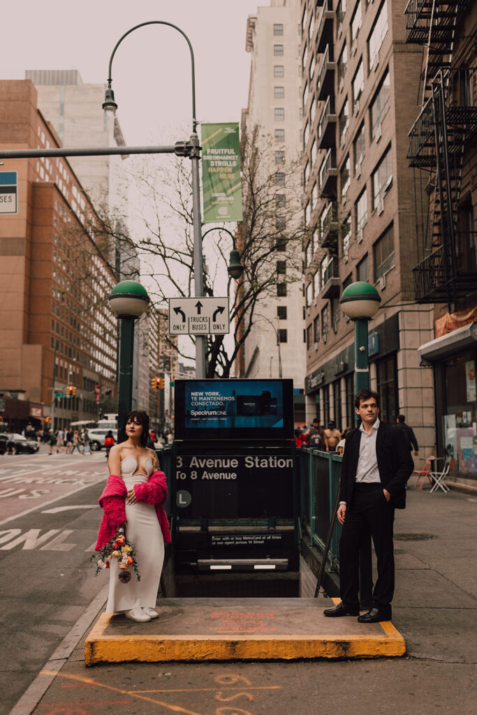 Wedding portraits at subway station in NYC