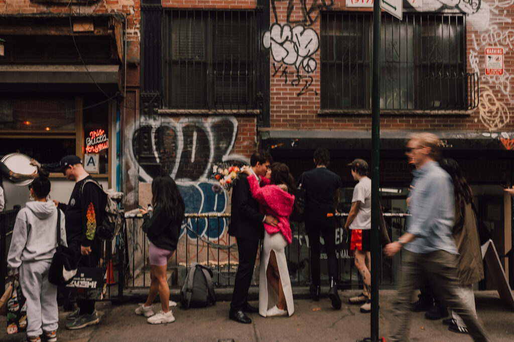 Wedding portraits at subway station in NYC