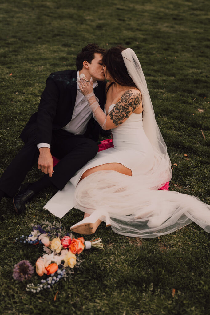 Wedding portraits at Brooklyn Bridge Park smoking a joint 