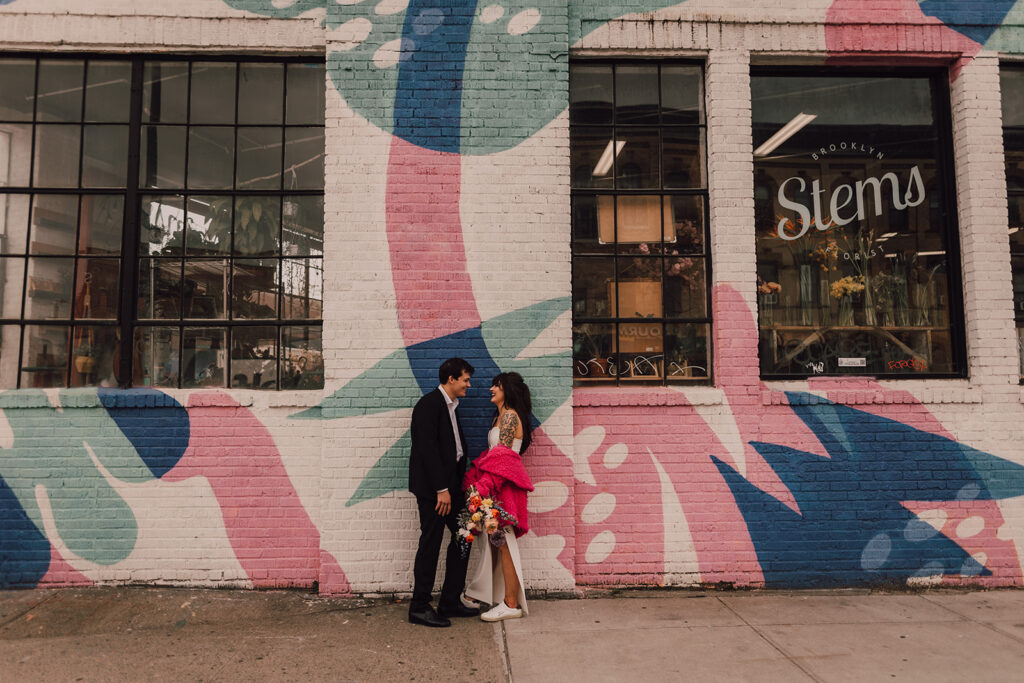 Bride and Groom elopement photos in Brooklyn, NY outside of Stems 