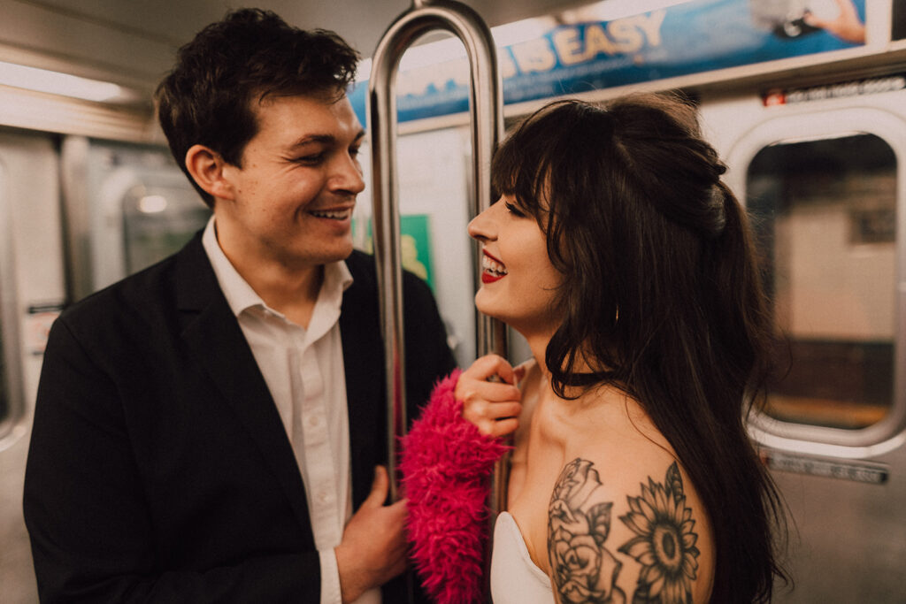 Couple getting on the subway in New York City 