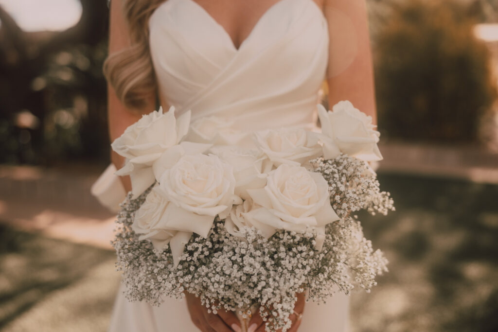 bridal bouquet, white bride bouquet, white wedding flowers, white roses and babies breath 