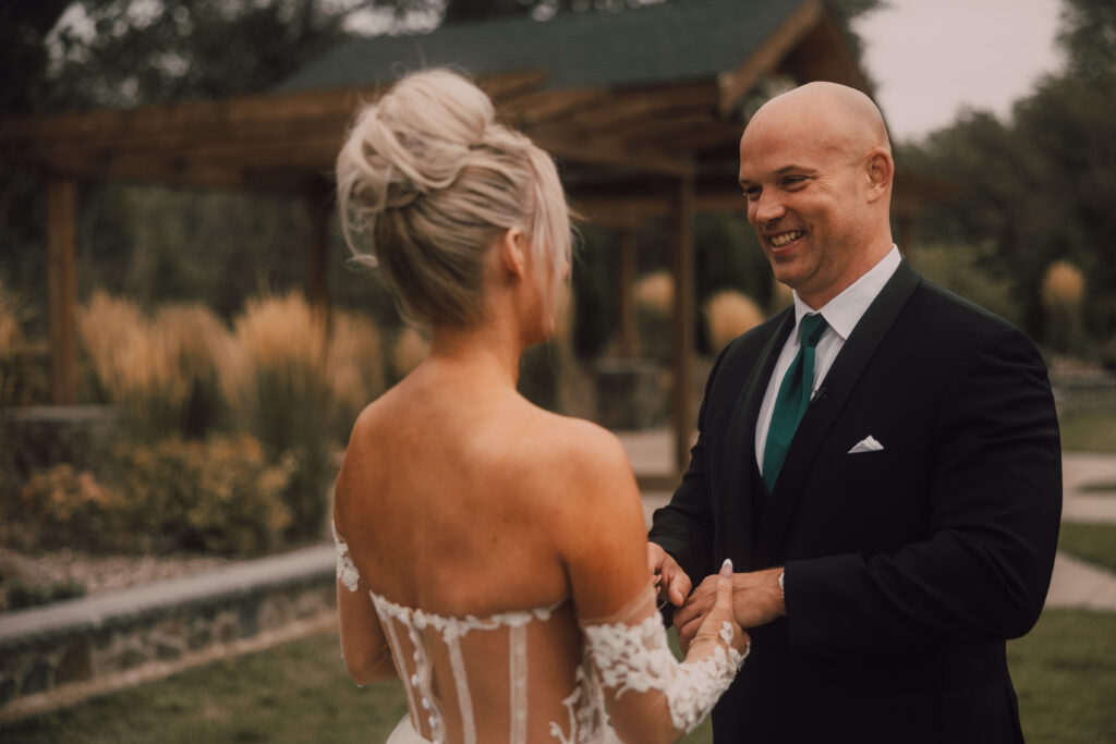 bride and groom first look