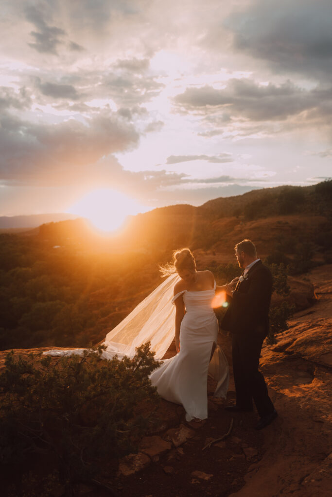 rainbow bride and groom Sedona elopement sunset