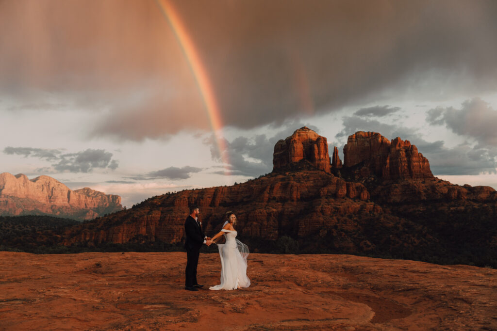 rainbow bride and groom Sedona elopement sunsetv