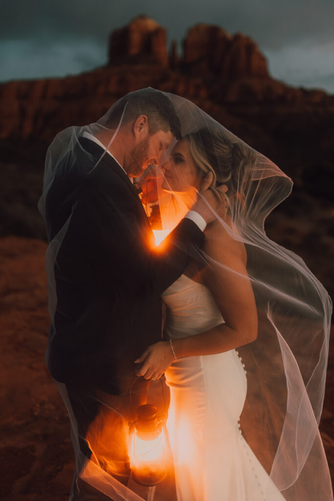 rainbow bride and groom Sedona elopement sunset