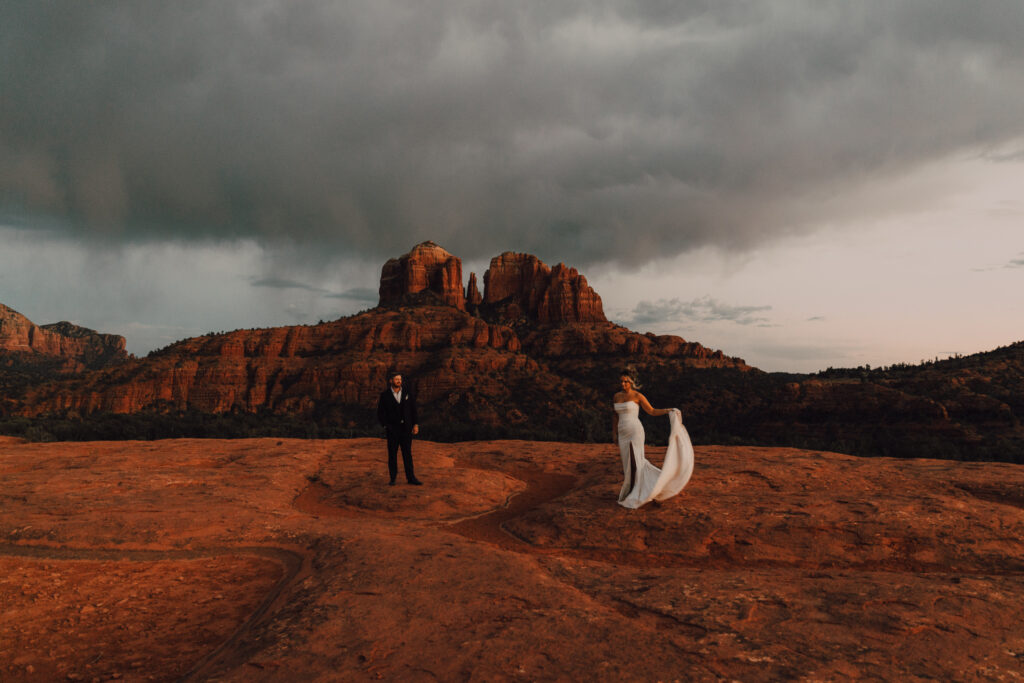 rainbow bride and groom Sedona elopement sunset