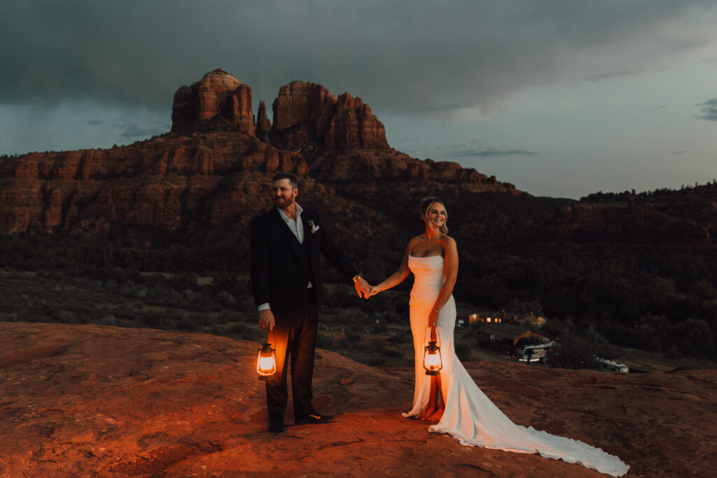 rainbow bride and groom Sedona elopement sunset