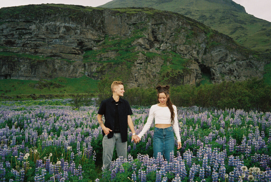 Skógafoss, Iceland couple photoshoot Lupine Fields 