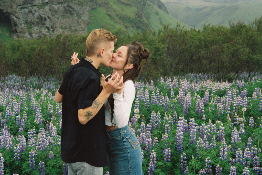 Skógafoss, Iceland couple photoshoot Lupine Fields 