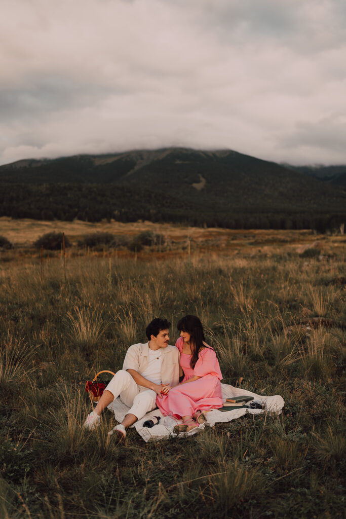 Sunset engagement session in a field with wine and props